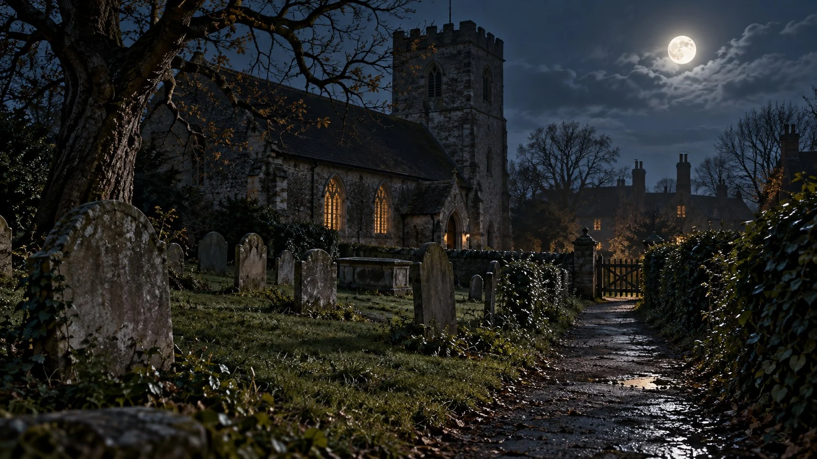 A churchyard and church under moonlight, with a lantern near the gate.
