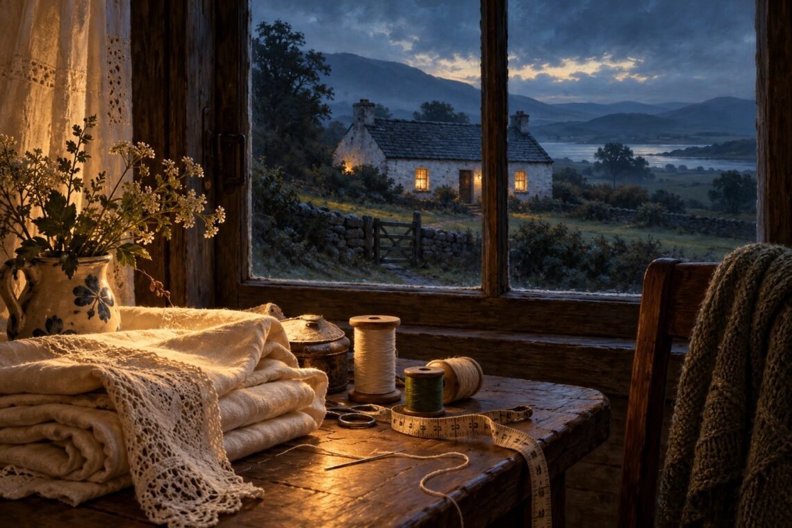 Illustration of sewing materials beside a window overlooking an Irish cottage at dusk.